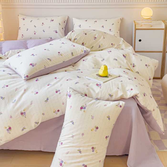 91家纺网 家纺一手货源 找家纺 金丝鸟家纺 2023新款全棉印花加牛奶绒四件套 紫葡萄 a棉b牛奶绒