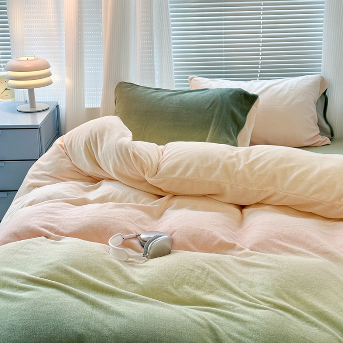 91家纺网 家纺一手货源 找家纺 昔可家纺 2023新款柔软亲肤晕染牛奶绒四件套 松石粉绿