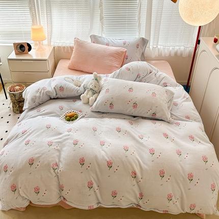 昔可 2023新款柔软舒适混搭牛奶绒四件套 蓝色甜美玫瑰