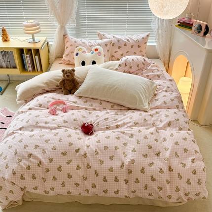 91家纺网 家纺一手货源 找家纺 昔可 2023新款亲肤柔软棉加绒四件套 粉格小熊