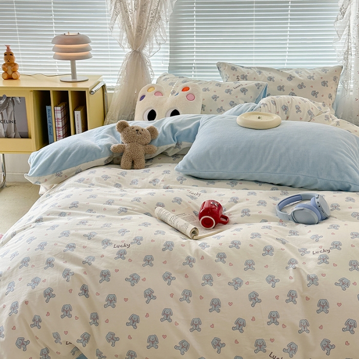 91家纺网 家纺一手货源 找家纺 昔可 2023新款亲肤柔软棉加绒四件套 爱心玩偶兔