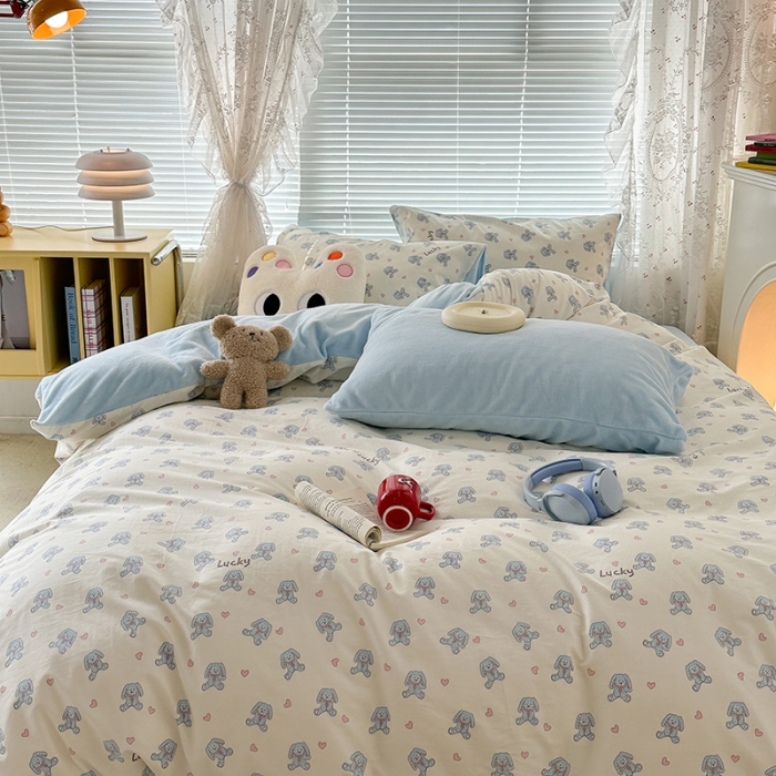 91家纺网 家纺一手货源 找家纺 昔可 2023新款亲肤柔软棉加绒四件套 爱心玩偶兔