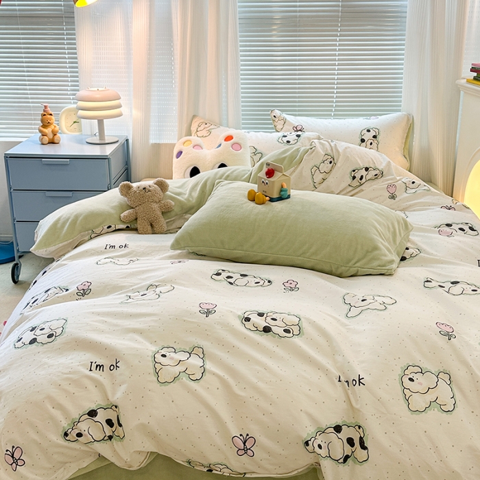 91家纺网 家纺一手货源 找家纺 昔可 2023新款亲肤柔软棉加绒四件套 斑点饼干狗