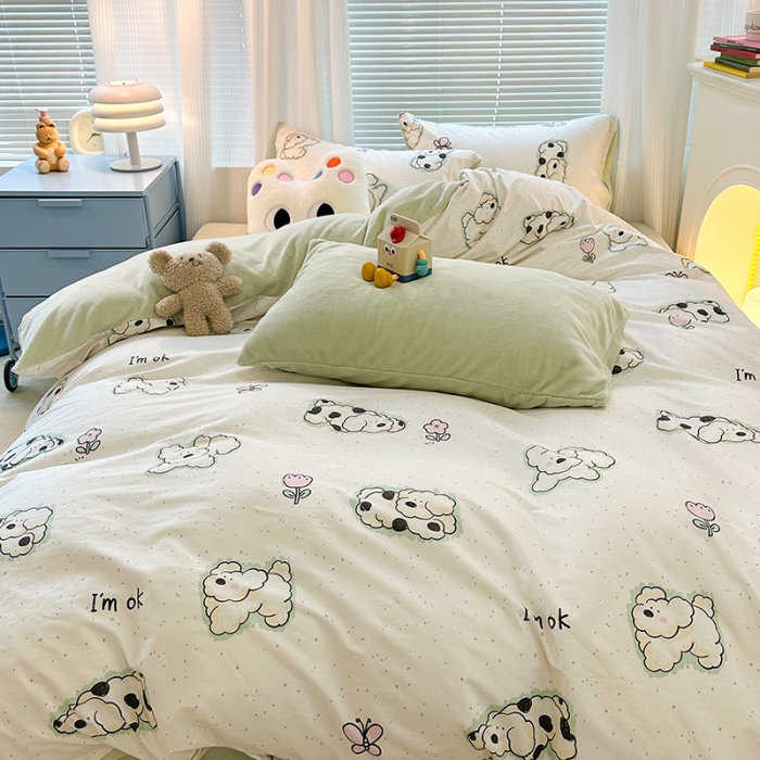 91家纺网 家纺一手货源 找家纺 昔可 2023新款亲肤柔软棉加绒四件套 斑点饼干狗