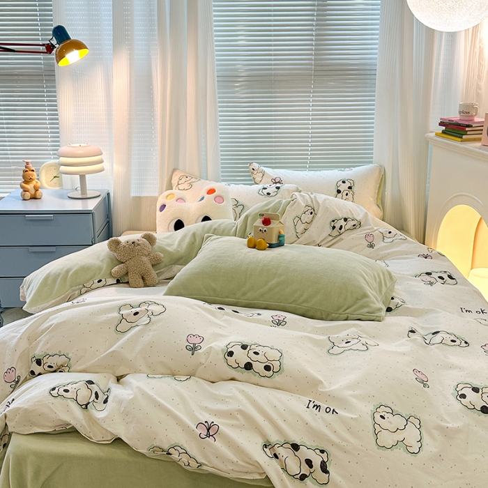 91家纺网 家纺一手货源 找家纺 昔可 2023新款亲肤柔软棉加绒四件套 斑点饼干狗