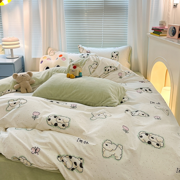 91家纺网 家纺一手货源 找家纺 昔可 2023新款亲肤柔软棉加绒四件套 斑点饼干狗