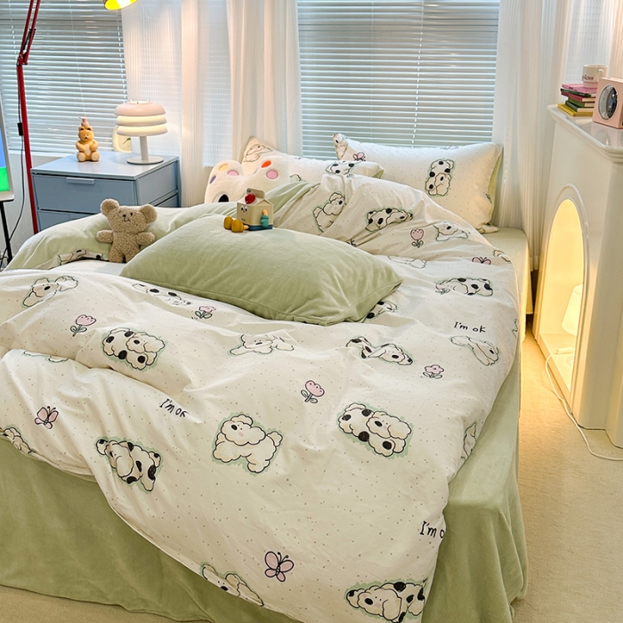 91家纺网 家纺一手货源 找家纺 昔可 2023新款亲肤柔软棉加绒四件套 斑点饼干狗