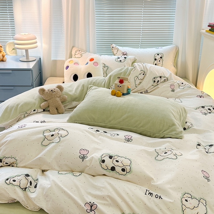 91家纺网 家纺一手货源 找家纺 昔可 2023新款亲肤柔软棉加绒四件套 斑点饼干狗