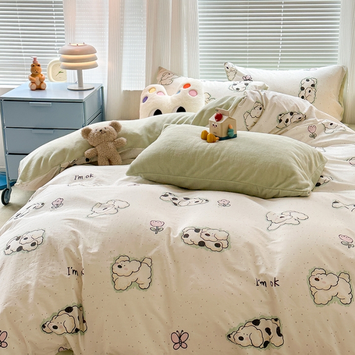 91家纺网 家纺一手货源 找家纺 昔可 2023新款亲肤柔软棉加绒四件套 斑点饼干狗