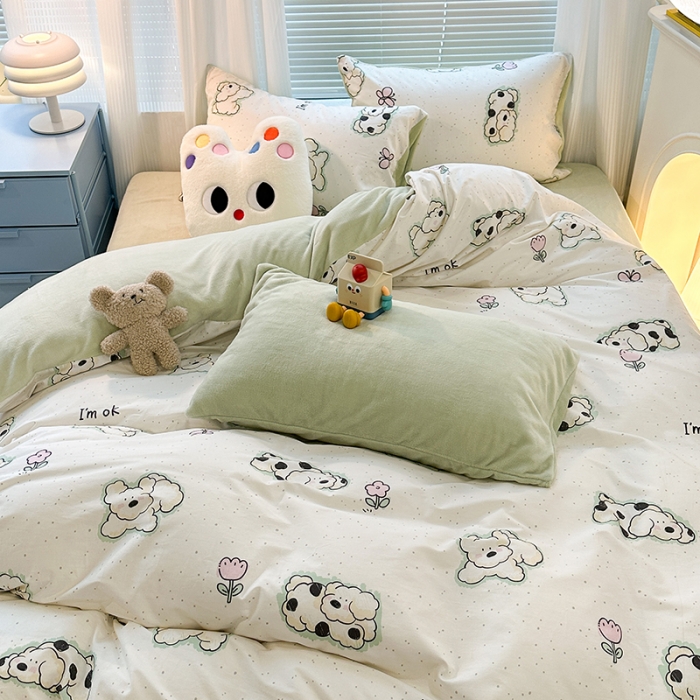 91家纺网 家纺一手货源 找家纺 昔可 2023新款亲肤柔软棉加绒四件套 斑点饼干狗