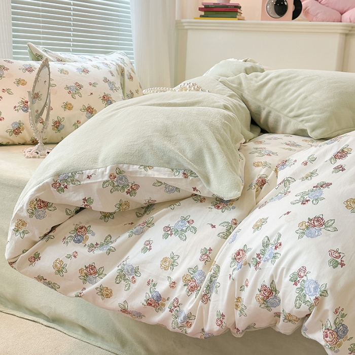 91家纺网 家纺一手货源 找家纺 昔可 2023新款亲肤柔软棉加绒四件套 彩色玫瑰