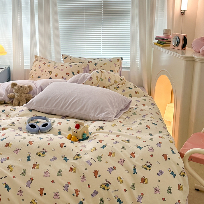 91家纺网 家纺一手货源 找家纺 昔可 2023新款亲肤柔软棉加绒四件套 彩色气球熊