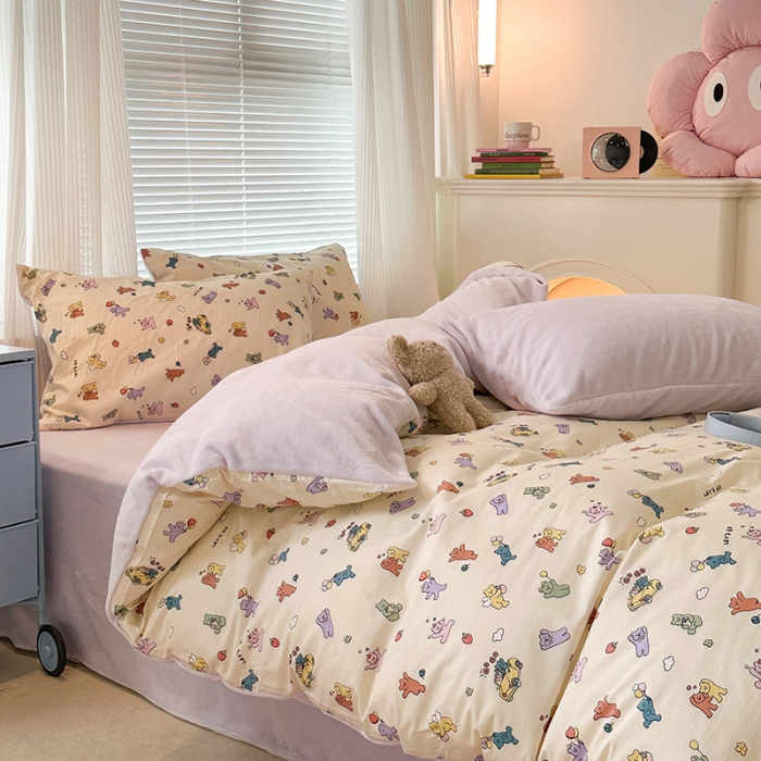 91家纺网 家纺一手货源 找家纺 昔可 2023新款亲肤柔软棉加绒四件套 彩色气球熊