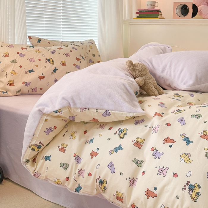 91家纺网 家纺一手货源 找家纺 昔可 2023新款亲肤柔软棉加绒四件套 彩色气球熊