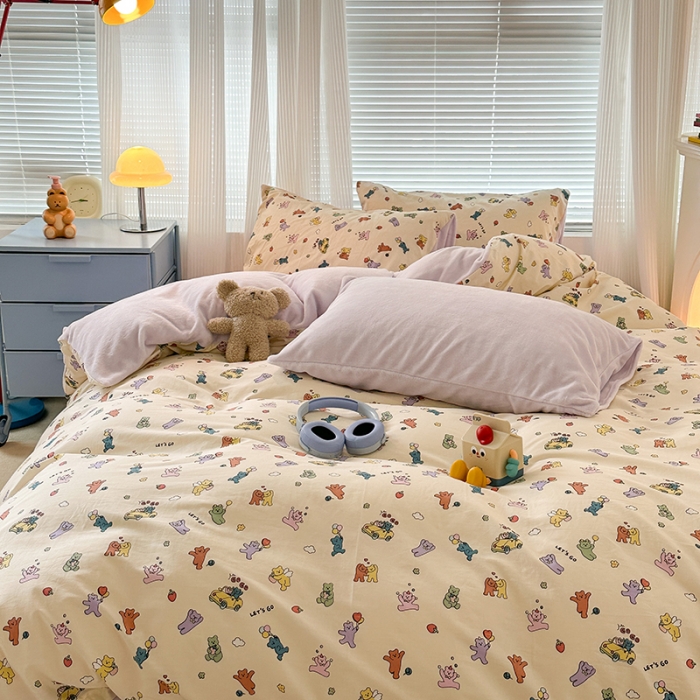 91家纺网 家纺一手货源 找家纺 昔可 2023新款亲肤柔软棉加绒四件套 彩色气球熊