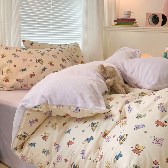 91家纺网 家纺一手货源 找家纺 昔可 2023新款亲肤柔软棉加绒四件套 彩色气球熊