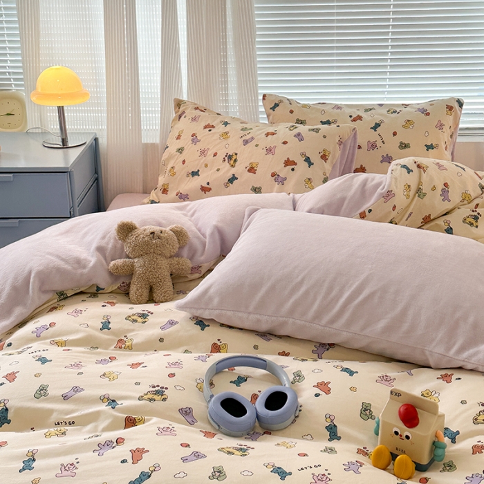 91家纺网 家纺一手货源 找家纺 昔可 2023新款亲肤柔软棉加绒四件套 彩色气球熊