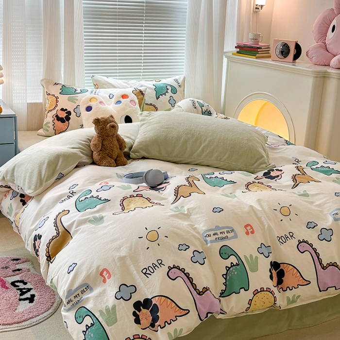 91家纺网 家纺一手货源 找家纺 昔可 2023新款亲肤柔软棉加绒四件套 彩条恐龙