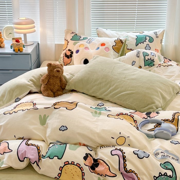 91家纺网 家纺一手货源 找家纺 昔可 2023新款亲肤柔软棉加绒四件套 彩条恐龙