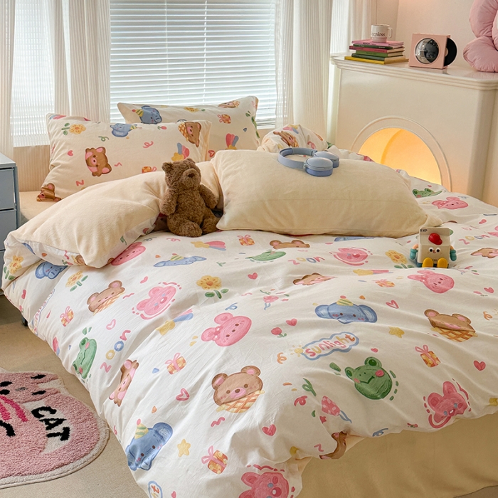 91家纺网 家纺一手货源 找家纺 昔可 2023新款亲肤柔软棉加绒四件套 动物派对