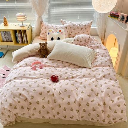 昔可 2023新款亲肤柔软棉加绒四件套 粉格小熊