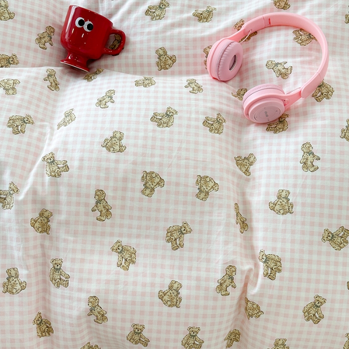 91家纺网 家纺一手货源 找家纺 昔可 2023新款亲肤柔软棉加绒四件套 粉格小熊