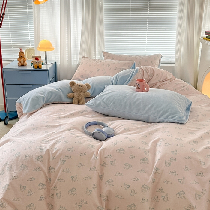 91家纺网 家纺一手货源 找家纺 昔可 2023新款亲肤柔软棉加绒四件套 粉色素描猫