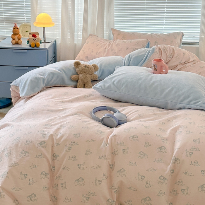 91家纺网 家纺一手货源 找家纺 昔可 2023新款亲肤柔软棉加绒四件套 粉色素描猫