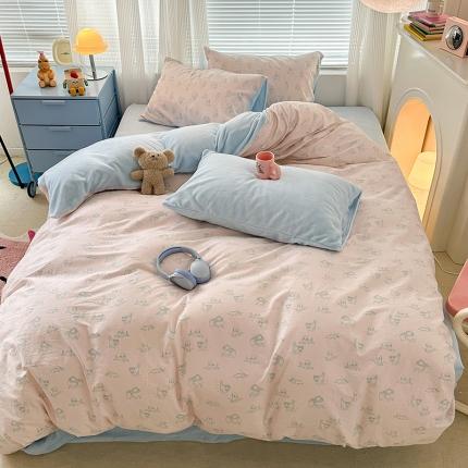 昔可 2023新款亲肤柔软棉加绒四件套 粉色素描猫