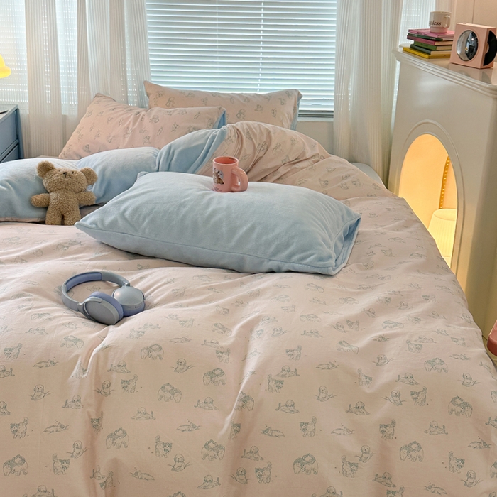 91家纺网 家纺一手货源 找家纺 昔可 2023新款亲肤柔软棉加绒四件套 粉色素描猫