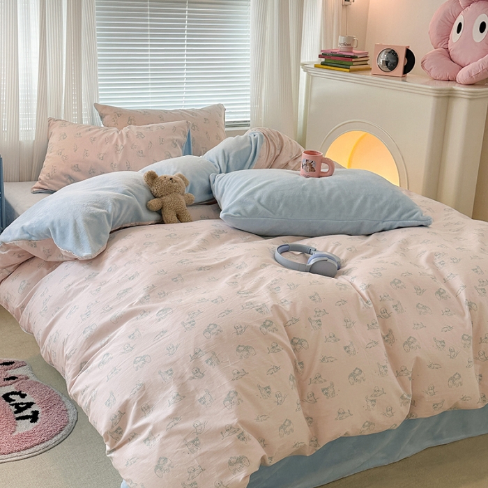 91家纺网 家纺一手货源 找家纺 昔可 2023新款亲肤柔软棉加绒四件套 粉色素描猫