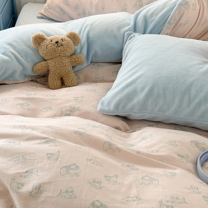 91家纺网 家纺一手货源 找家纺 昔可 2023新款亲肤柔软棉加绒四件套 粉色素描猫