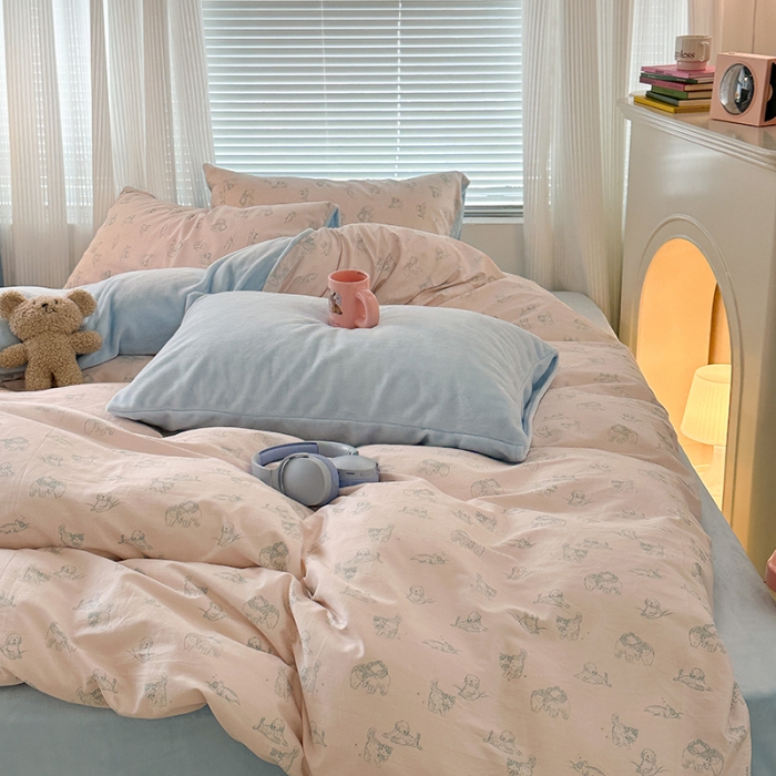 91家纺网 家纺一手货源 找家纺 昔可 2023新款亲肤柔软棉加绒四件套 粉色素描猫