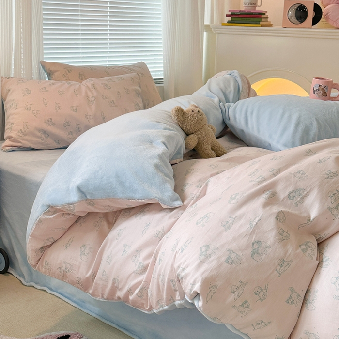 91家纺网 家纺一手货源 找家纺 昔可 2023新款亲肤柔软棉加绒四件套 粉色素描猫