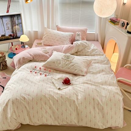昔可 2023新款亲肤柔软棉加绒四件套 韩系粉玫瑰