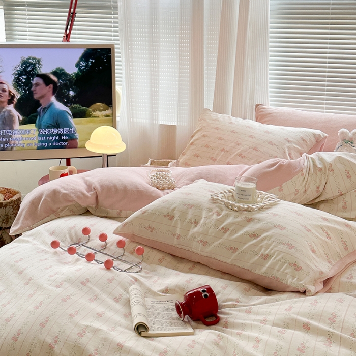 91家纺网 家纺一手货源 找家纺 昔可 2023新款亲肤柔软棉加绒四件套 韩系粉玫瑰