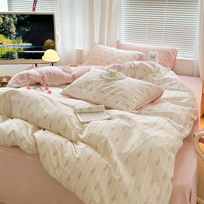 91家纺网 家纺一手货源 找家纺 昔可 2023新款亲肤柔软棉加绒四件套 韩系粉玫瑰