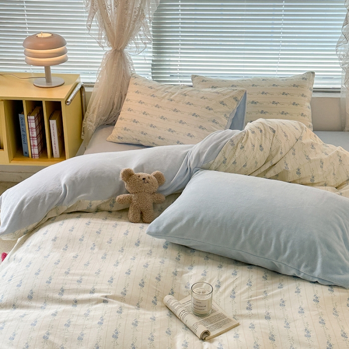 91家纺网 家纺一手货源 找家纺 昔可 2023新款亲肤柔软棉加绒四件套 韩系蓝玫瑰