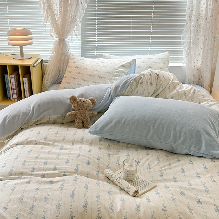 91家纺网 家纺一手货源 找家纺 昔可 2023新款亲肤柔软棉加绒四件套 韩系蓝玫瑰