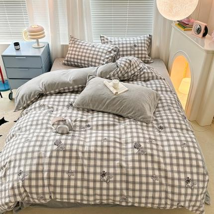 昔可 2023新款亲肤柔软棉加绒四件套 灰格黑玫瑰