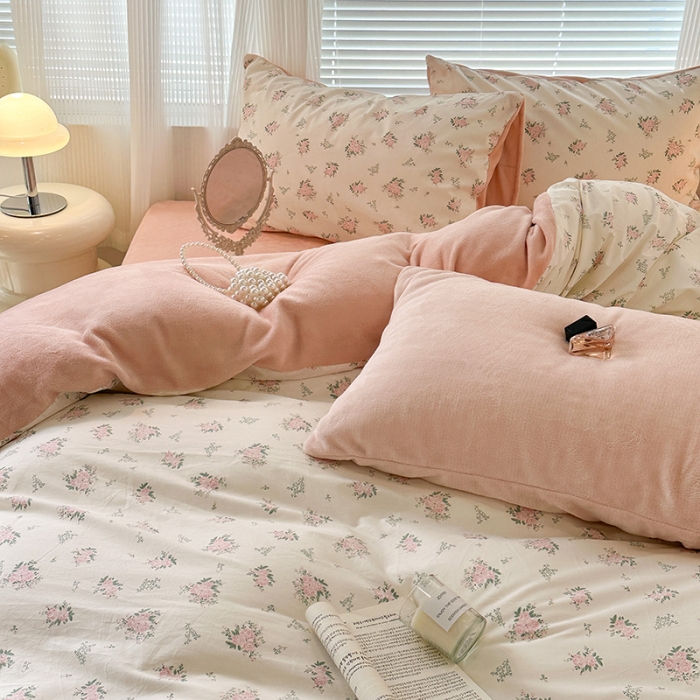 91家纺网 家纺一手货源 找家纺 昔可 2023新款亲肤柔软棉加绒四件套 桃杏山野