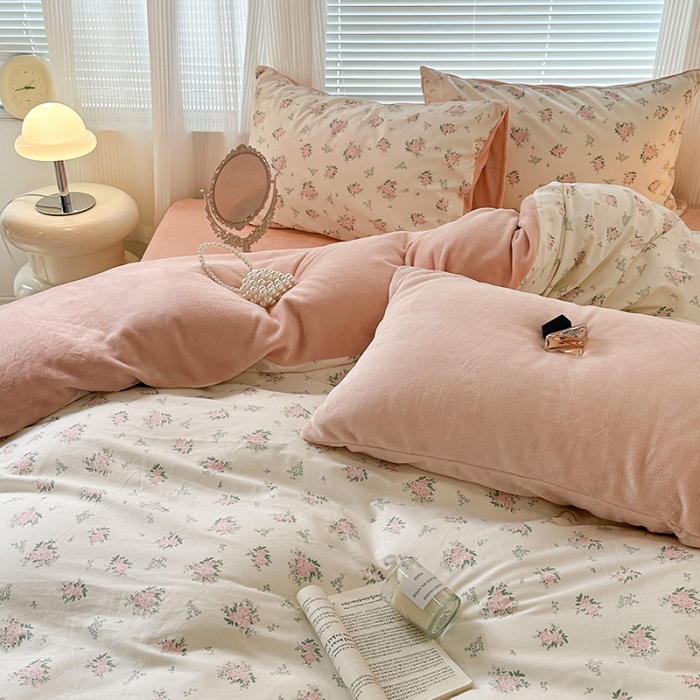 91家纺网 家纺一手货源 找家纺 昔可 2023新款亲肤柔软棉加绒四件套 桃杏山野