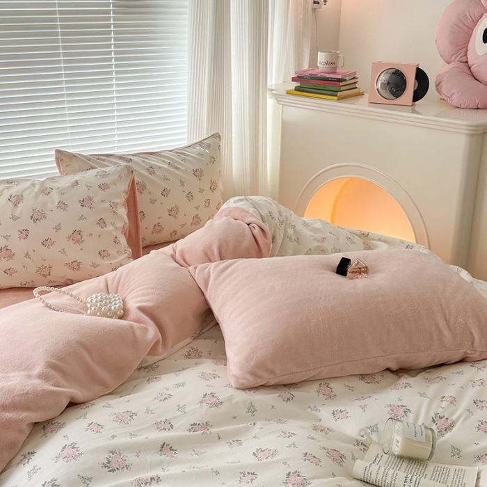 91家纺网 家纺一手货源 找家纺 昔可 2023新款亲肤柔软棉加绒四件套 桃杏山野