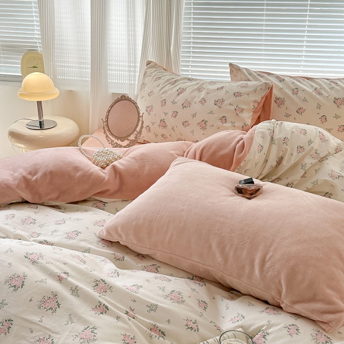 91家纺网 家纺一手货源 找家纺 昔可 2023新款亲肤柔软棉加绒四件套 桃杏山野