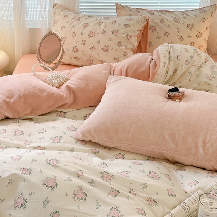 91家纺网 家纺一手货源 找家纺 昔可 2023新款亲肤柔软棉加绒四件套 桃杏山野