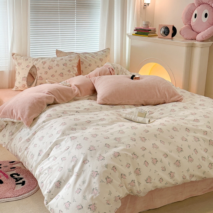 91家纺网 家纺一手货源 找家纺 昔可 2023新款亲肤柔软棉加绒四件套 桃杏山野