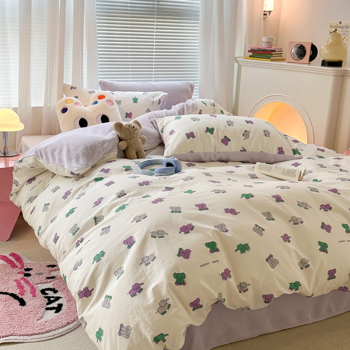 91家纺网 家纺一手货源 找家纺 昔可 2023新款亲肤柔软棉加绒四件套 小象乐园