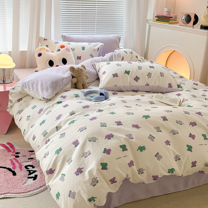 91家纺网 家纺一手货源 找家纺 昔可 2023新款亲肤柔软棉加绒四件套 小象乐园