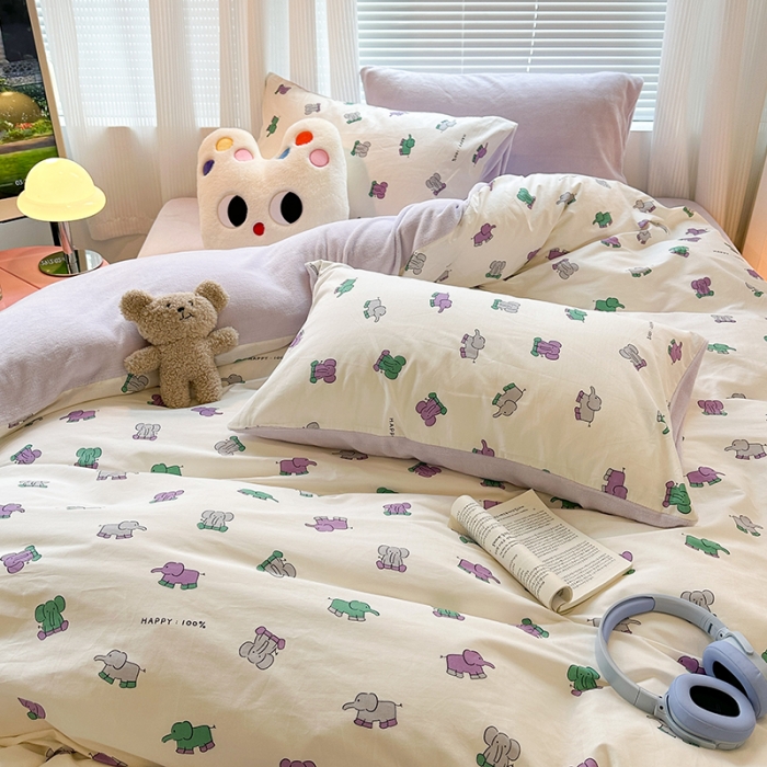 91家纺网 家纺一手货源 找家纺 昔可 2023新款亲肤柔软棉加绒四件套 小象乐园