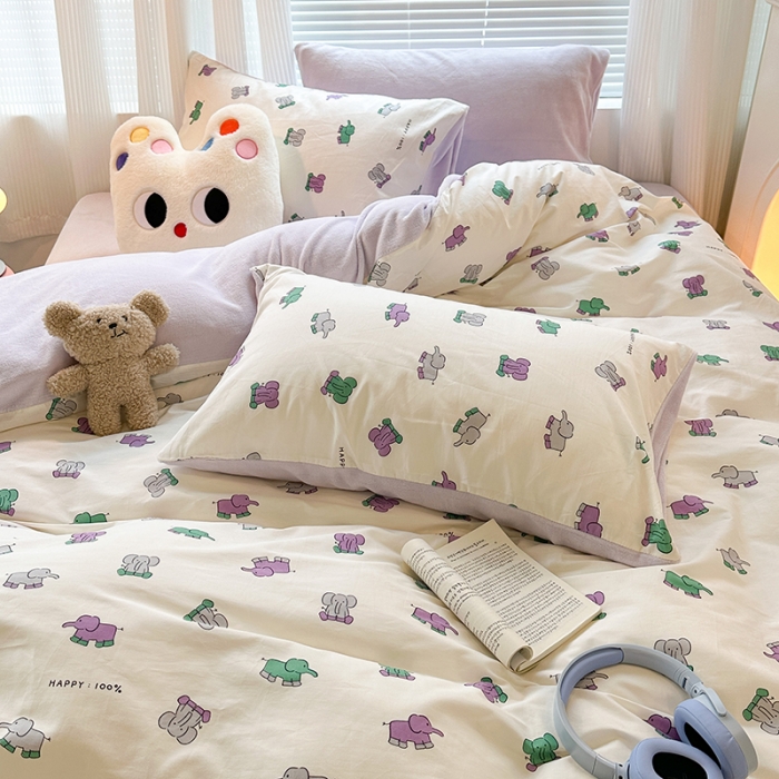 91家纺网 家纺一手货源 找家纺 昔可 2023新款亲肤柔软棉加绒四件套 小象乐园